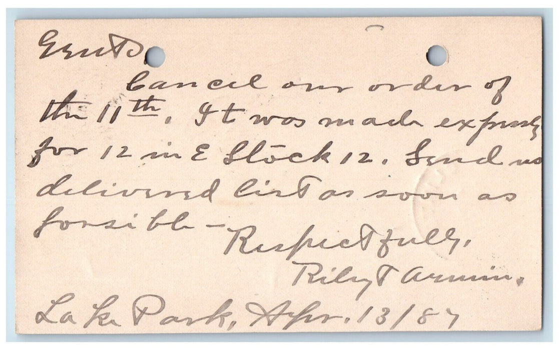 1887 Riley & Armin Lake Park Iowa IA Clinton Iowa IA Antique Posted Postal Card