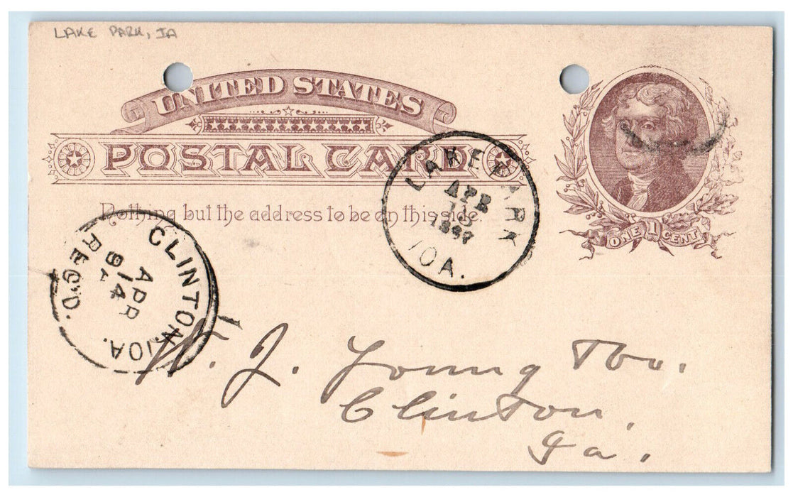 1887 Riley & Armin Lake Park Iowa IA Clinton Iowa IA Antique Posted Postal Card