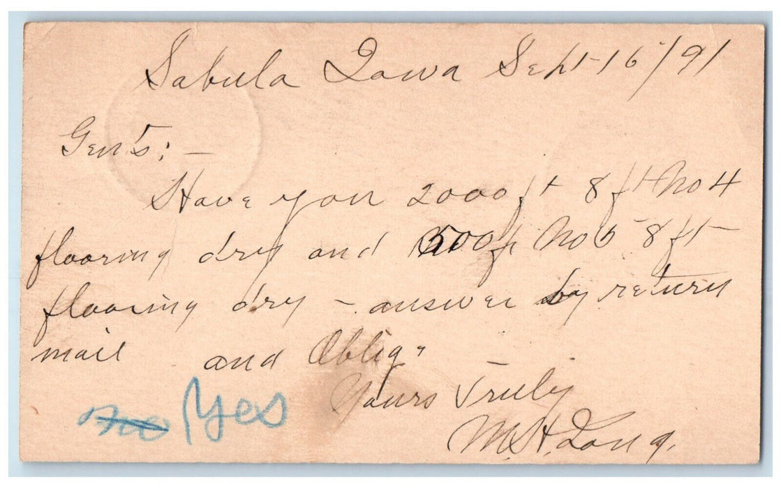 1891 Flooring Dry Sabula IA Clinton Iowa IA Antique Posted Postal Card