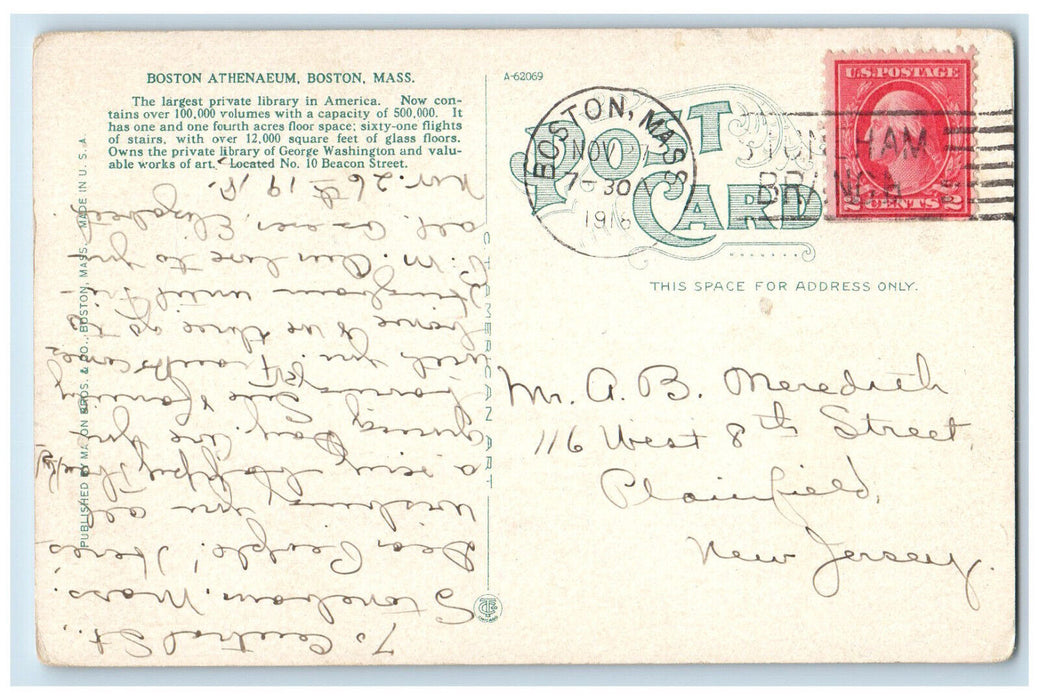 1918 Boston Athenaeum Library Boston Massachusetts MA Antique Posted Postcard