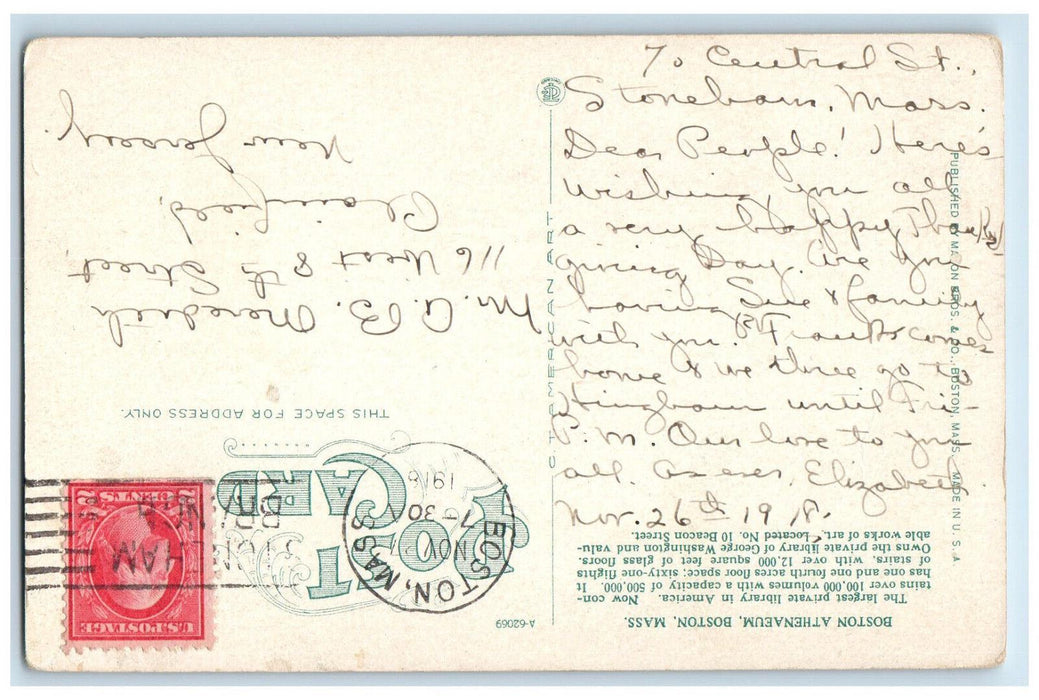 1918 Boston Athenaeum Library Boston Massachusetts MA Antique Posted Postcard