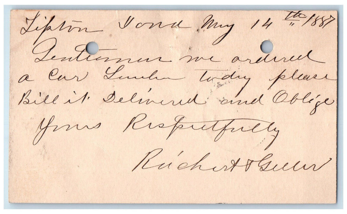 1887 Richert & Greeler Tipton Iowa IA Clinton IA Antique Posted Postal Card