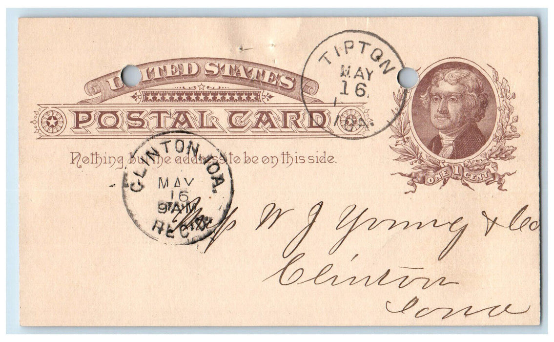 1887 Richert & Greeler Tipton Iowa IA Clinton IA Antique Posted Postal Card