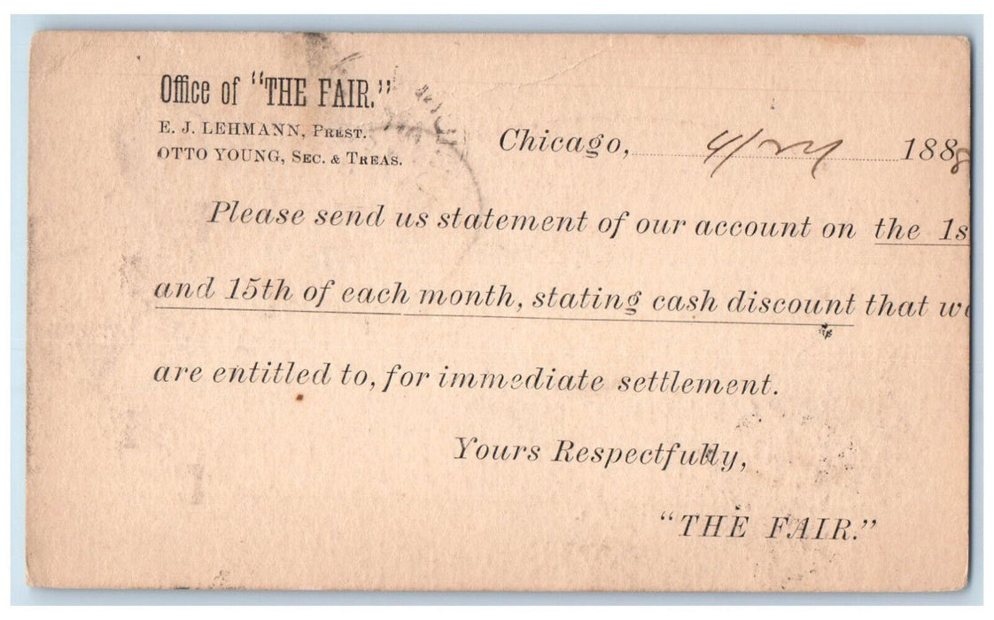 1888 Office of The Fair Chicago Illinois IL Broadway A NY Posted Postal Card