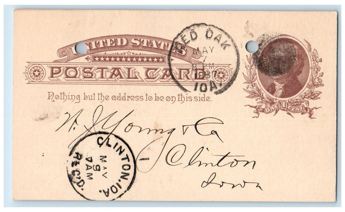 1887 WJ Young & Co. Red Oak Iowa IA Clinton IA Antique Posted Postal Card