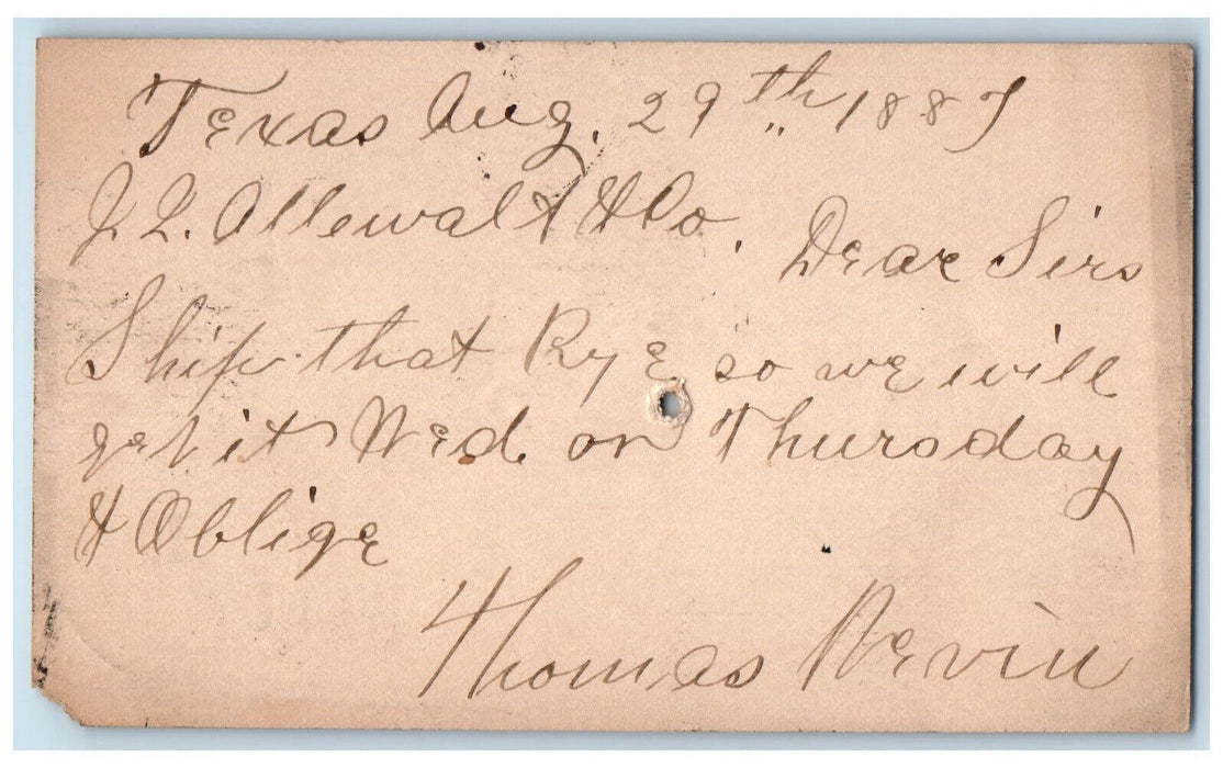 1887 Thomas Nevin J. Allewalt Texas Maryland MD Baltimore MD Postal Card