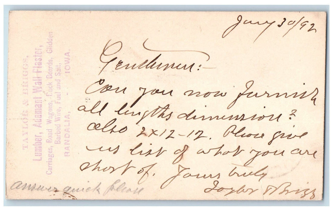 1892 Taylor & Briggs Lumber Randalia Iowa IA Clinton IA Posted Postal Card