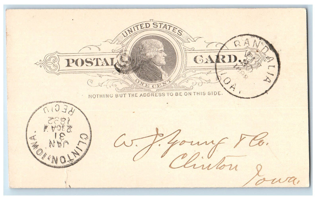 1892 Taylor & Briggs Lumber Randalia Iowa IA Clinton IA Posted Postal Card