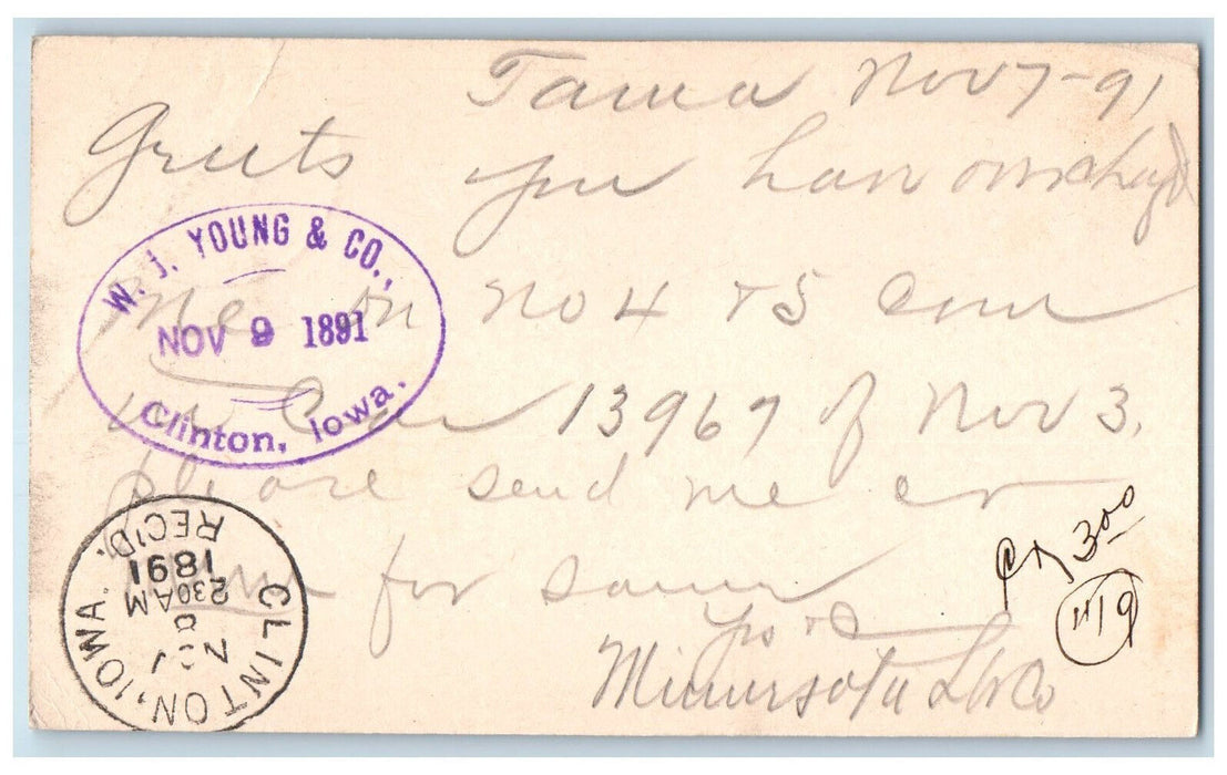 1891 WJ Young and Co Tama IA Clinton Iowa IA Antique Posted Postal Card