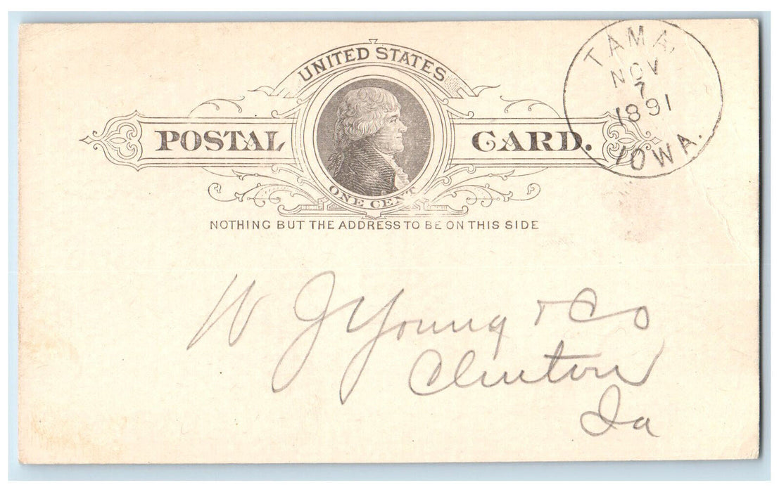 1891 WJ Young and Co Tama IA Clinton Iowa IA Antique Posted Postal Card