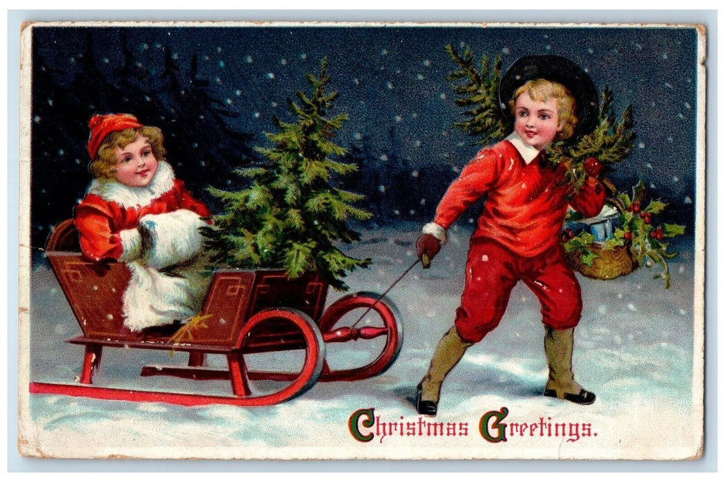 1911 Christmas Greetings Boy Pulling Cart Girl Sled Handwarmer Embossed Postcard