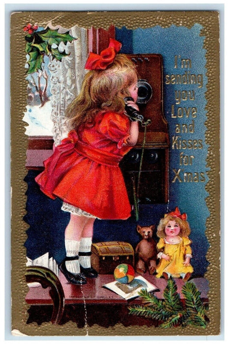 1909 Christmas Girl Talking Telephone Doll Toys Holly Pine Leaf Posted Postcard