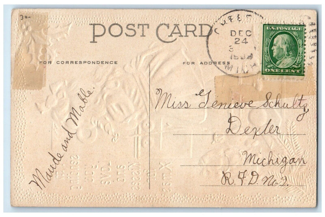 1909 Christmas Girl Talking Telephone Doll Toys Holly Pine Leaf Posted Postcard