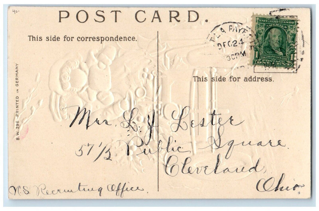 c1910's Christmas Boy Girl Driving Car Handwarmer Holly Embossed Posted Postcard