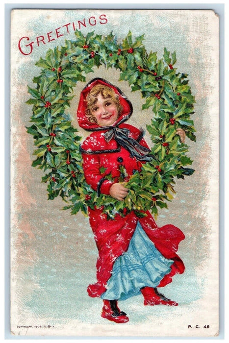 c1910's Christmas Greetings Girl Dress Holly Whreat Posted Antique Postcard