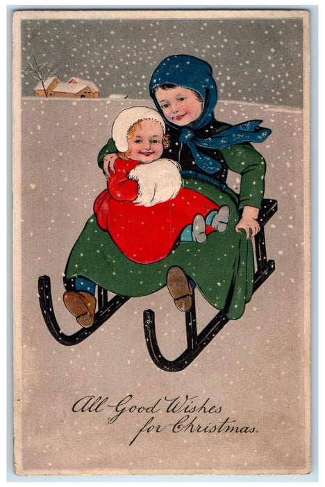 1908 Christmas Mother And Daughter Sled Snowfall Winter Embossed Posted Postcard