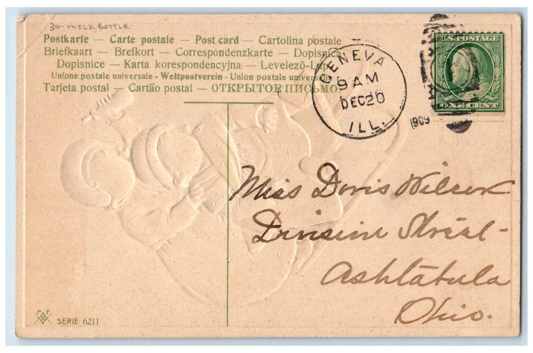 c1910's Christmas Mother And Daughter Milk Bottle Snowfall Embossed Postcard