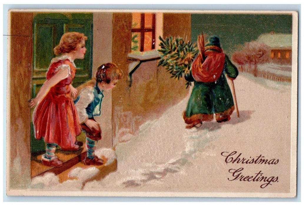 1908 Christmas Greetings Green Robe Santa Winter Snow Embossed Antique Postcard