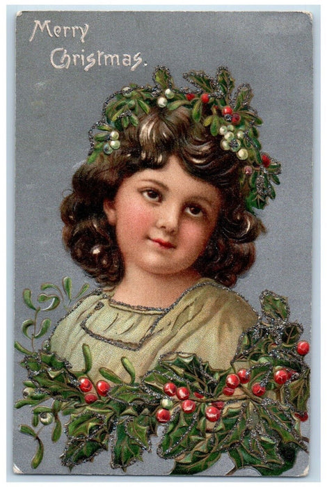 c1910's Christmas Pretty Girl Curly Hair Holly Berries Embossed Glitter Postcard