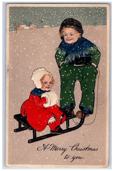 c1910's Christmas Grandma And Grand Daughter Sled Embossed Antique Postcard