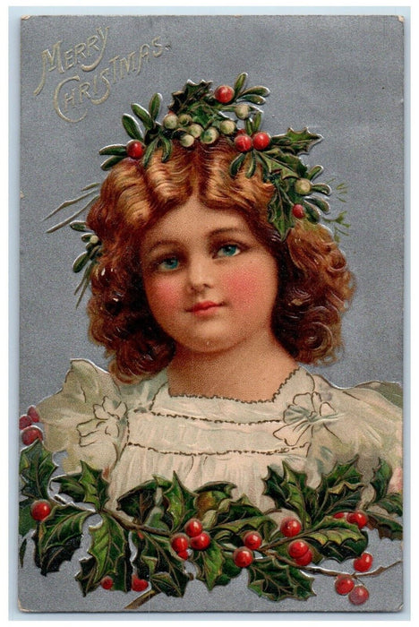 1907 Christmas Pretty Girl Brown Curly Hair Holly Berries Embossed Postcard
