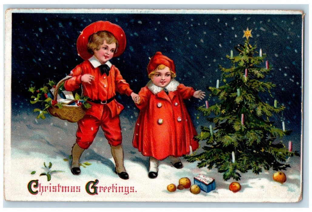 c1910's Christmas Greetings Christmas Tree Candle Holly Snowfall Postcard