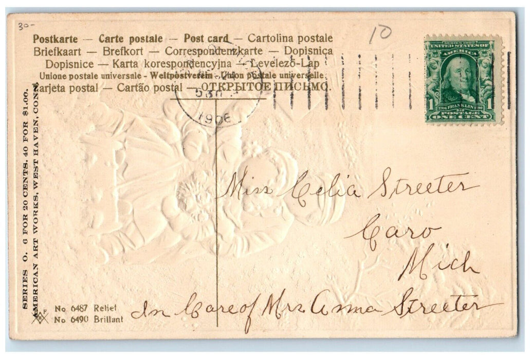 1906 Christmas Boy Girl Sled Flowers Letter Winter Snow Embossed Posted Postcard