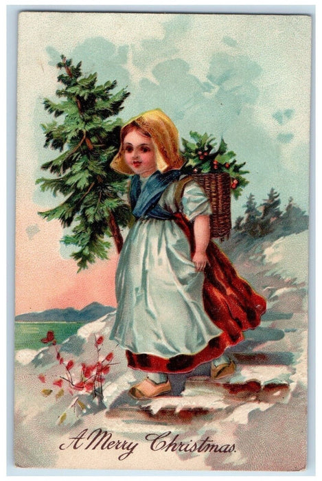 c1910's Christmas Dutch Girl Pine Tree Holly Basket Embossed Antique Postcard