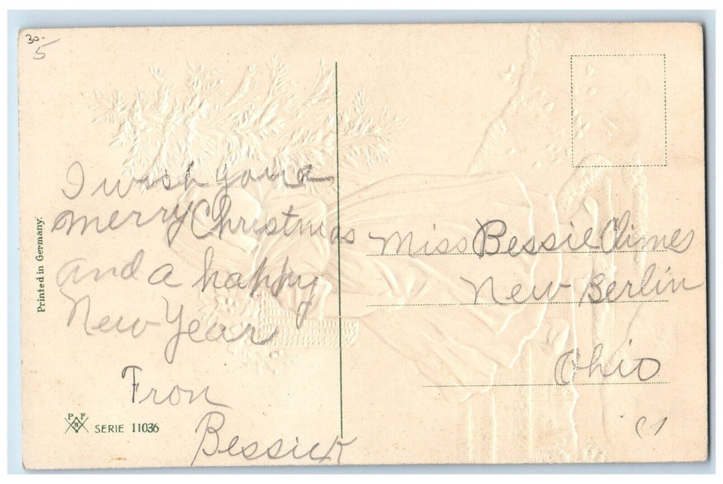 c1910's Christmas Dutch Girl Pine Tree Holly Basket Embossed Antique Postcard