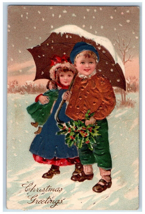 c1910's Christmas Greetings Boy Girl Umbrella Holly Snowfall Embossed Postcard