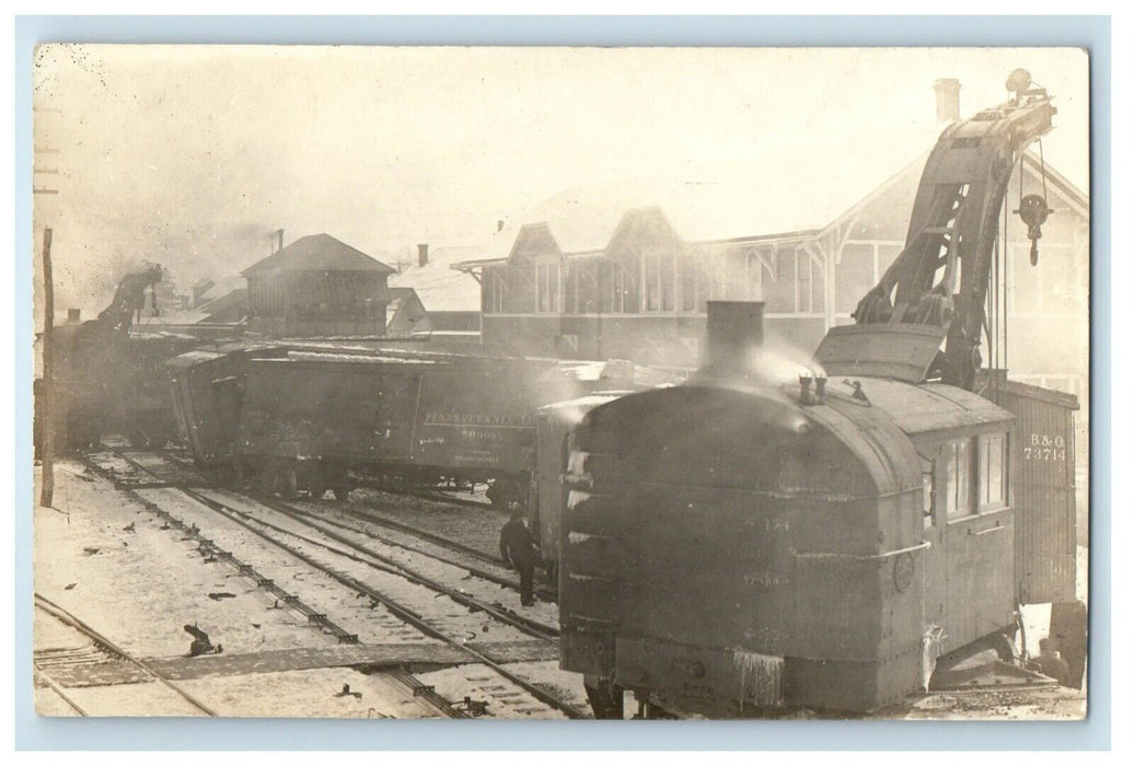 March 1913 B&0 Railroad Locomotive Crash Crane Train RPPC Photo Postcard