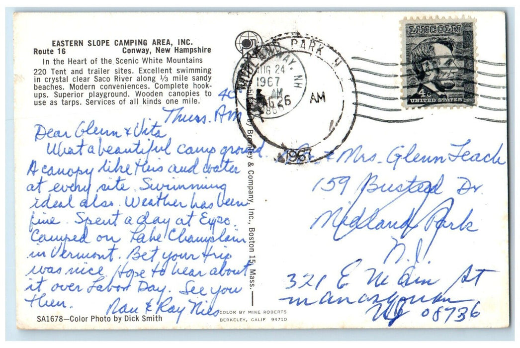 1967 Eastern Slope Camping Area Conway New Hampshire NH Posted Vintage Postcard