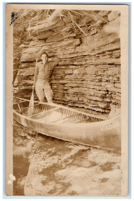c1910's Man Paddle Boat Niaoure Canoe Unposted Antique RPPC Photo Postcard