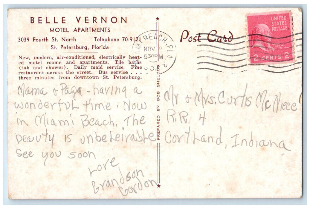 c1950's Belle Vernon Motel Apartments St. Petersburg Florida FL Postcard