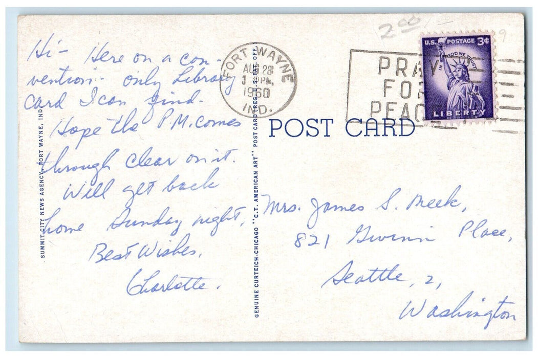 1960 Public Library Fort Wayne Indiana IN Pray for Peace Cancel Postcard