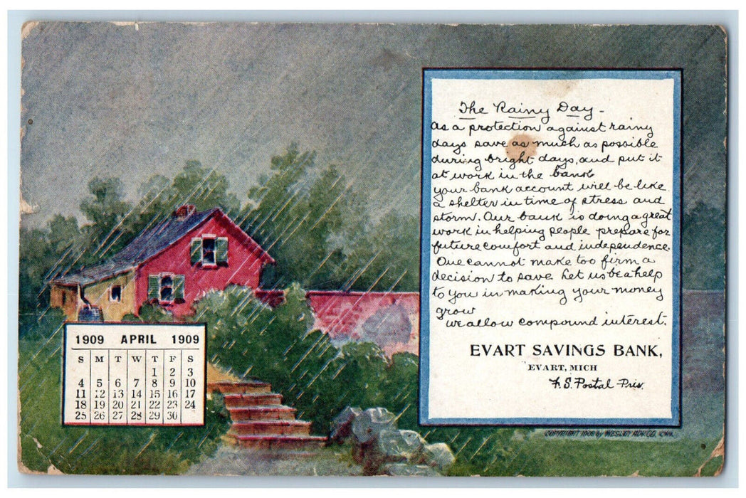 c1905 Evart Savings Bank Rainy Day Notes Greetings Calendar Michigan MI Postcard