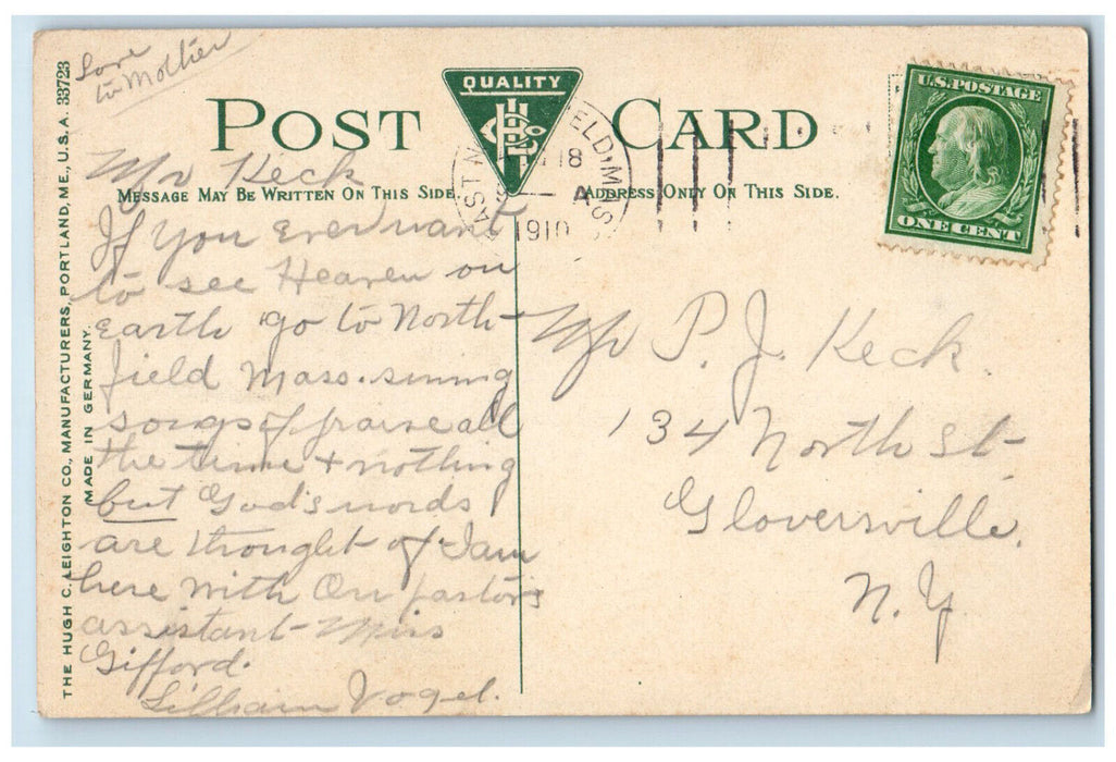 1910 The Sons of Veterans Hall Northfield Massachusetts MA Antique Postcard
