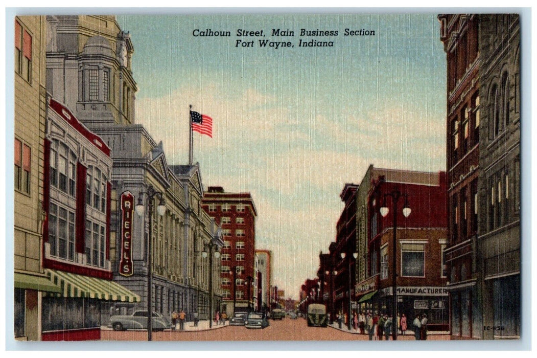 c1940's Calhoun Street Main Business Section Riegel's Fort Wayne IN Postcard
