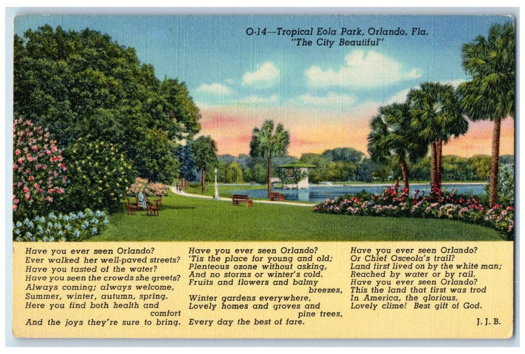 c1940's City Beautiful Tropical Eola Park Orlanda Florida FL Postcard