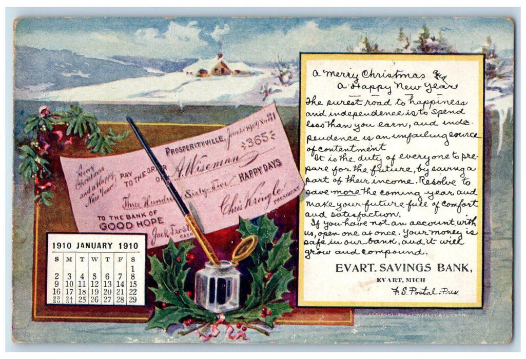 Evart Savings Bank Christmas New Year Greetings Calendar Michigan MI,  Postcard