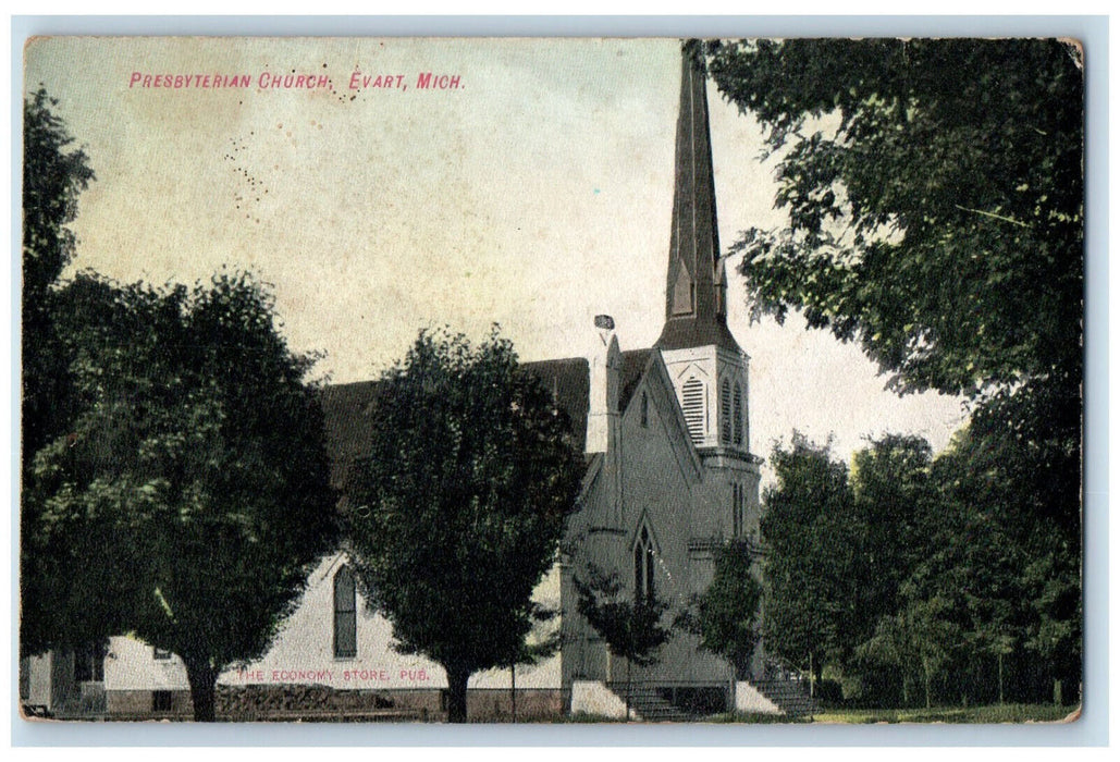 1909 View Of Presbyterian Church Trees Scene Evart Michigan MI Antique Postcard