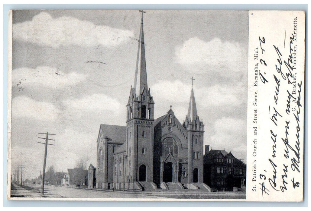 1906 St. Patrick's Church And Street Scene Escanaba Michigan MI RPO Postcard