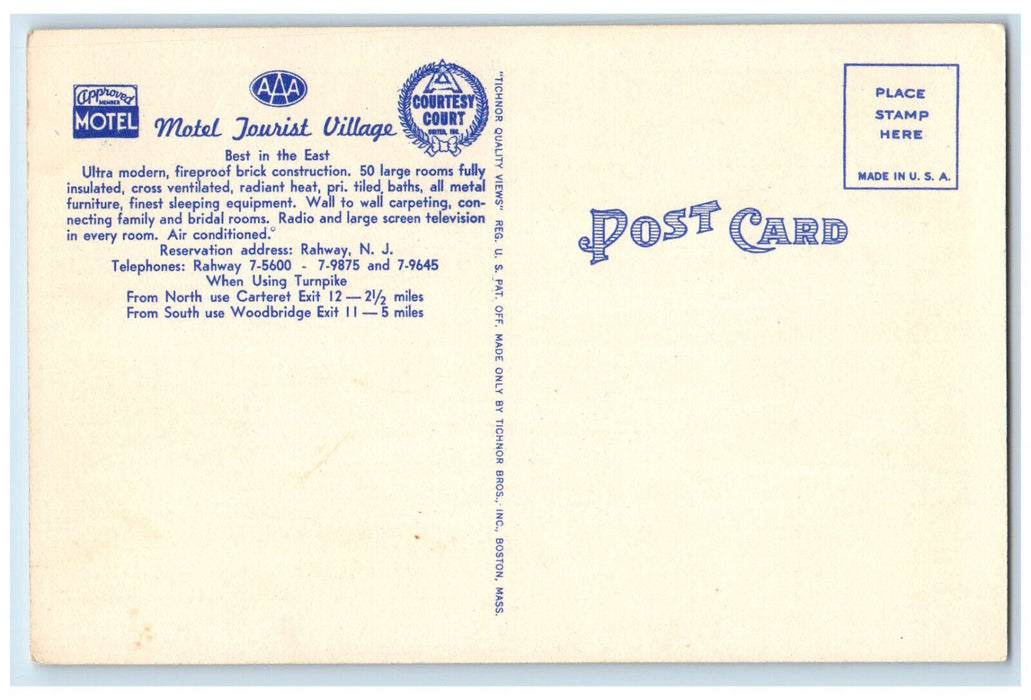 c1940's Motel Tourist Village Rahway New Jersey NJ Vintage Posted Postcard