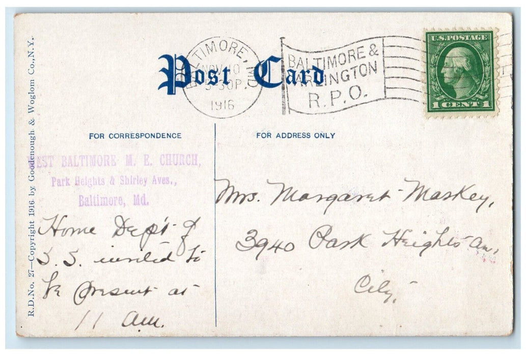 1916 Rally Day Next Sunday Will Rally Day Our School Maryland Vintage Postcard