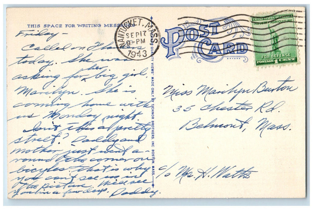 1943 Looking Up Centre Street, Nantucket Massachusetts MA Vintage Postcard