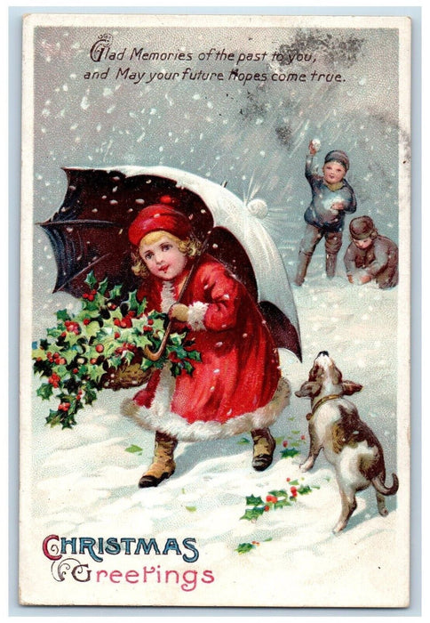 Christmas Greetings Holly Girl Dog Snowball Fighting Clapsaddle (?) Postcard