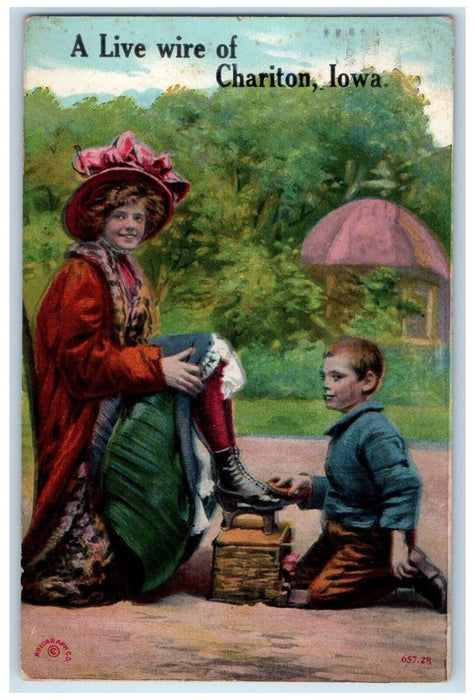 1917 Live Wire Scene Shoe Polishing Hat Chariton Iowa Vintage Antique Postcard