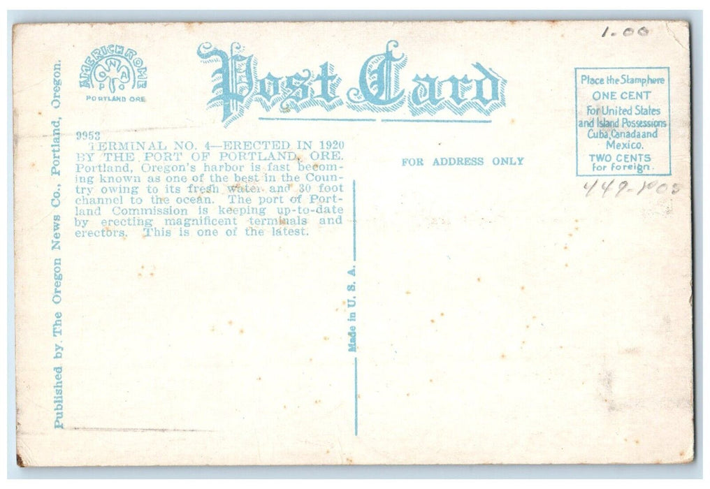 Terminal No. 4 Erected In 1920 By The Port Of Portland Oregon OR Postcard