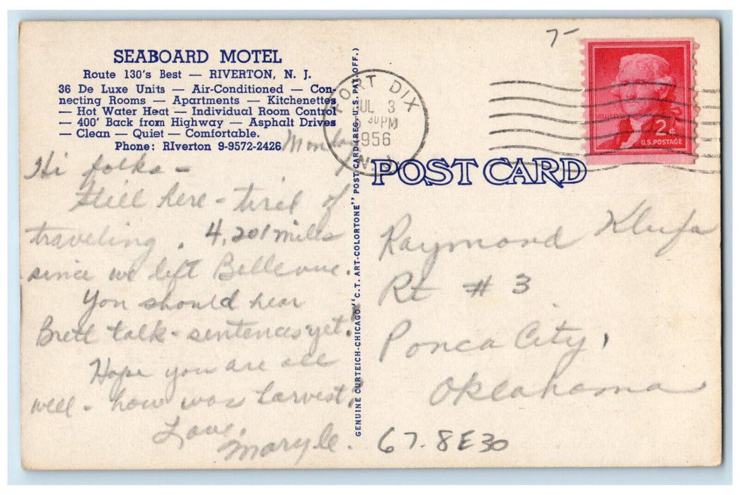 1956 Seaboard Motel Riverton New Jersey NJ Vintage Posted Postcard