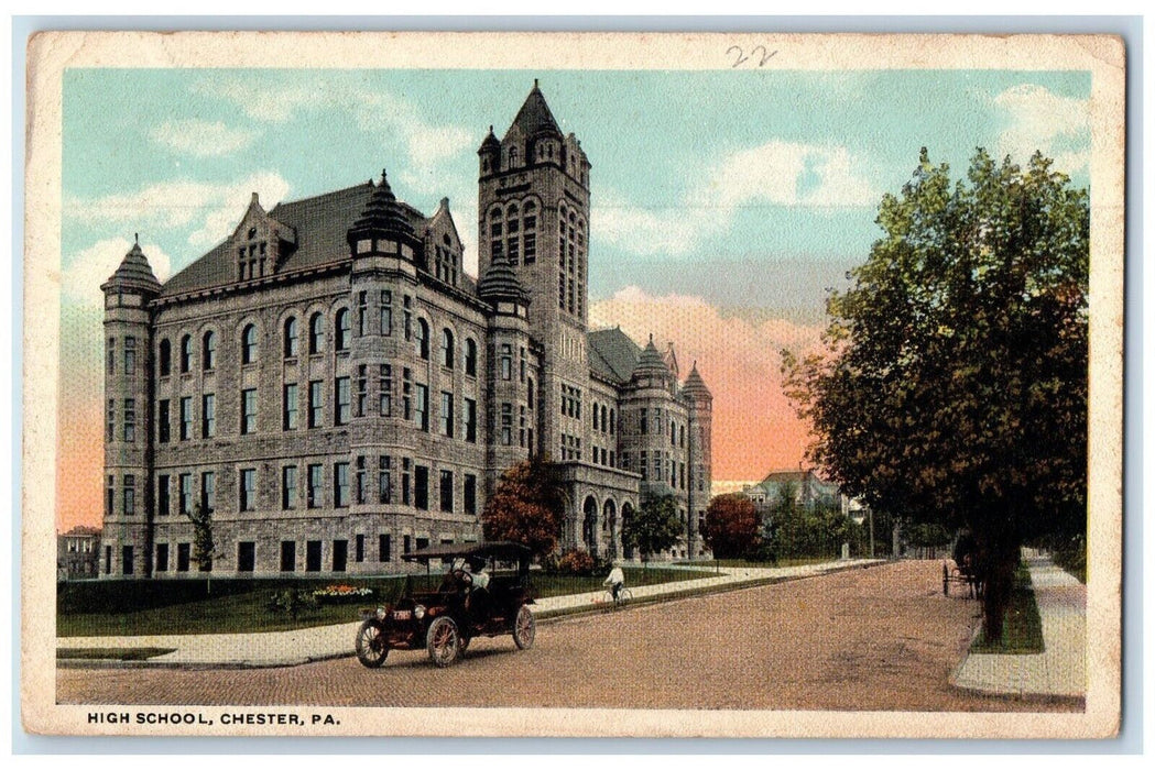 1922 High School Building Car Street View Chester Pennsylvania PA Postcard